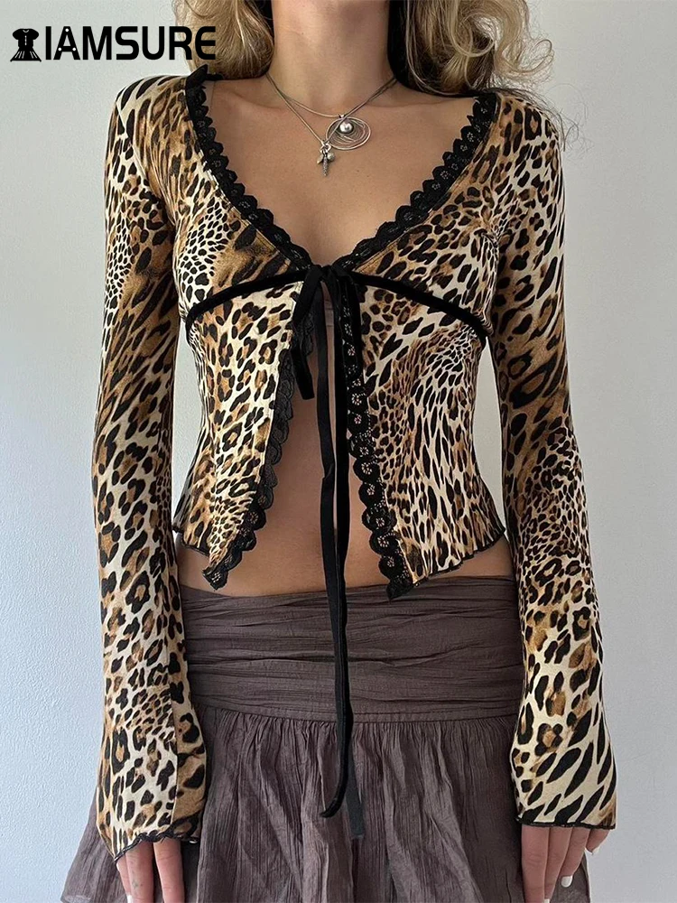 

IAMSURE Sexy Leopard Lace Trim Bandage Split T Shirt Slim Deep V-Neck Long Sleeve Tees Women 2024 Autumn Spring Fashion Ladies