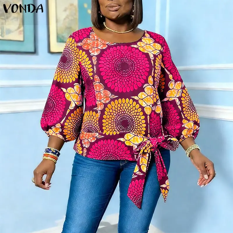 

Plus Size 5XL VONDA Women Blouse Vintage 3/4 Sleeve Casual Shirts Print Tunic Tops O-Neck Bandage Loose Fashion Summer Blusas
