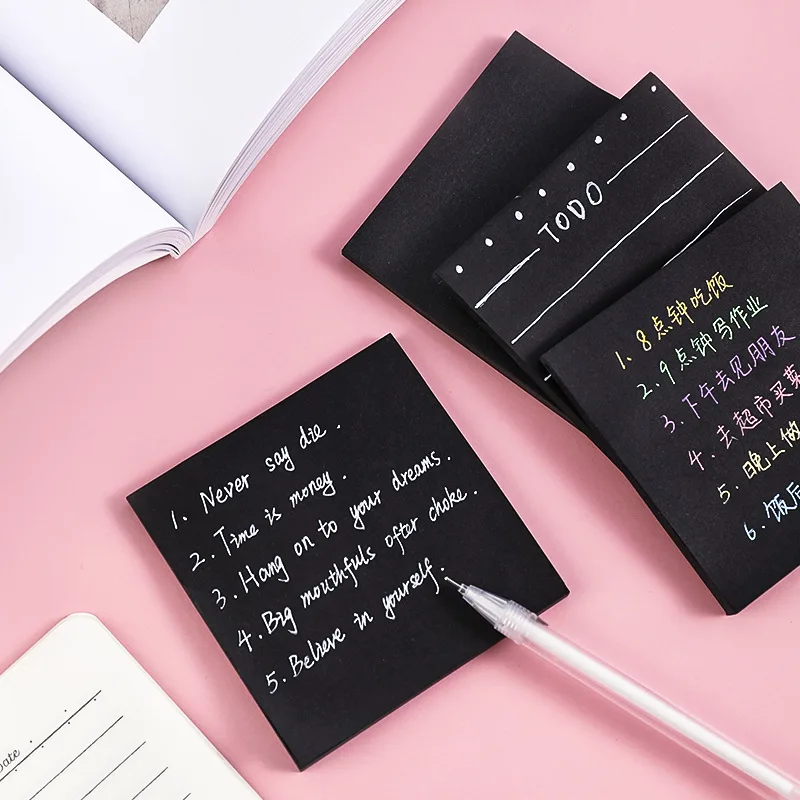 4 Piece Black Adhesive Sticky Notes Notepad Memo Pad Stationery Notebook Sticker Decoration