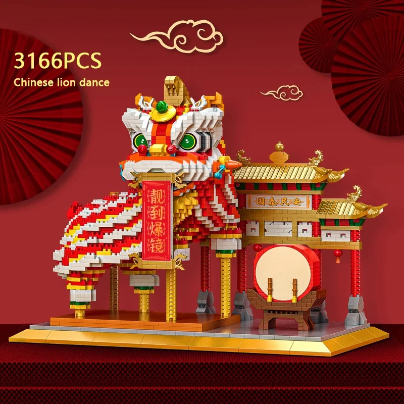 Chinese Lion Dance Building Blocks New Year Spring Festival Gift Creative Desktop Decoration Educational DIY Bricks Toys For Kid