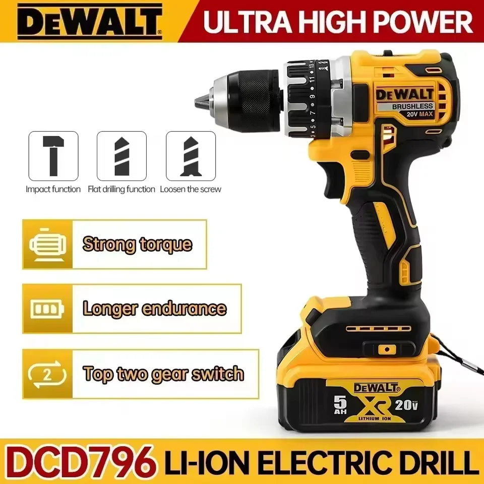 

Dewalt DCD796 Cordless Brushless Impact Drill Brushless Drill Multifunctional Rechargeable Portable 20V Battery Power Tools