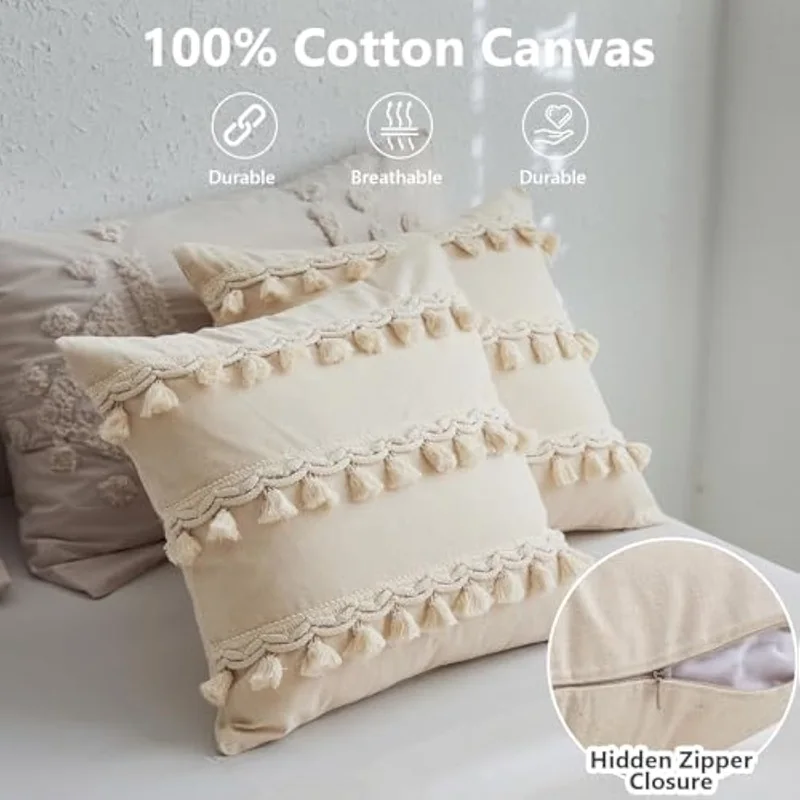 Boho Tufted Lumbar Throw Pillow Cover Modern Farmhouse Ivory Neutral Linen Gift Pillow Cushion Case with Tassels 30x50cm 45x45cm