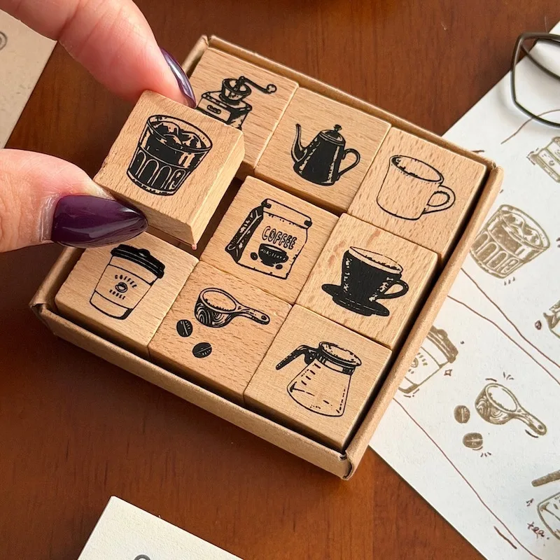 Vintage Coffee Pot Cup Bean Wood Stamp Set for Diary Junk Journal Deco DIY Handicraft Material Scrapbooking Wooden Seal view 2