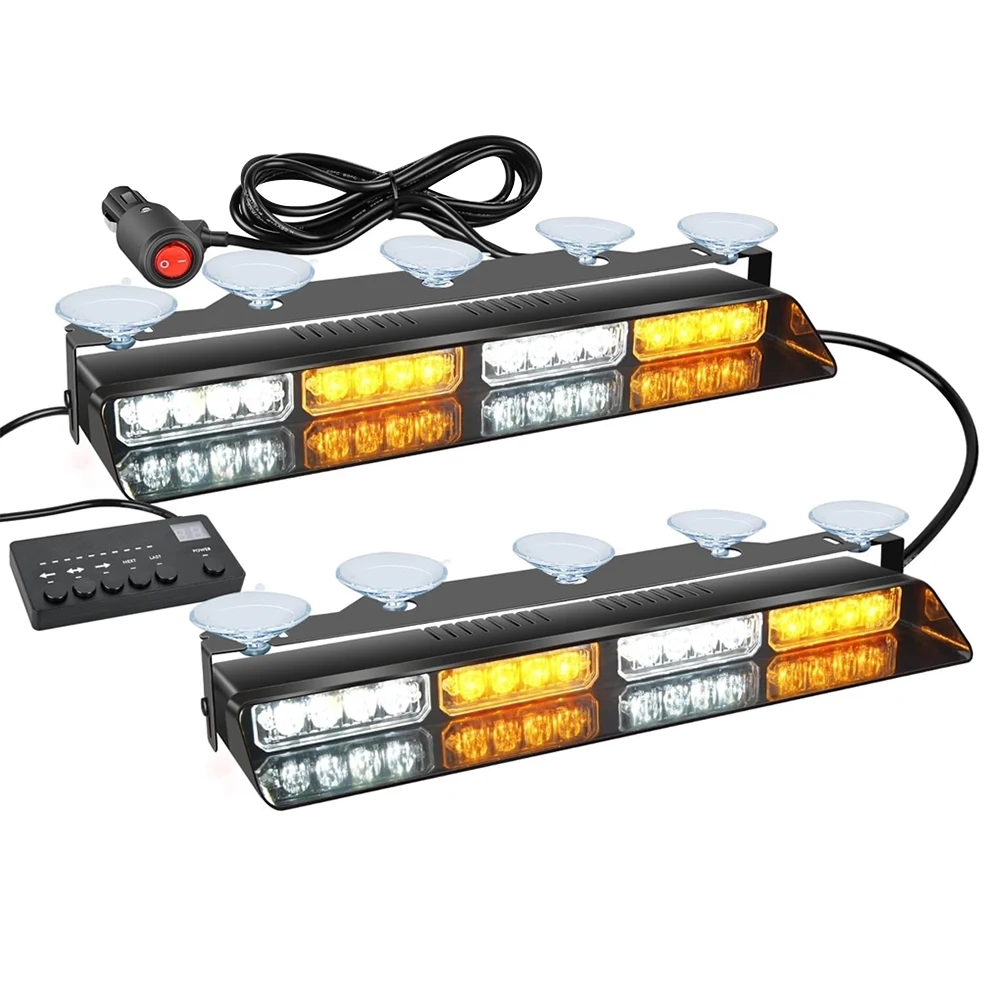 Car Emergency Dash Strobe Lights 2x16LED Amber White Safety Signal Lights Vehicle Windshield Flash Warning Hazard Traffic Light