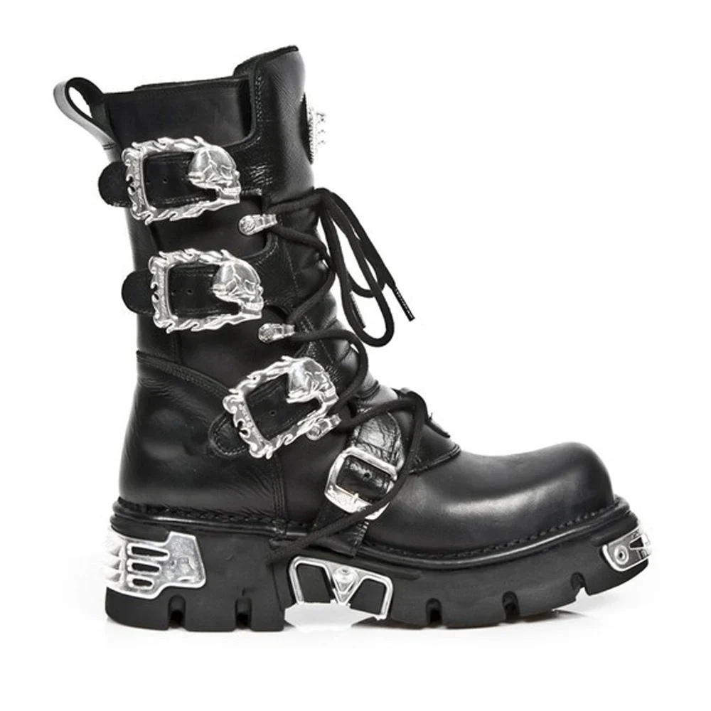 Novo masculino punk botas de motocicleta metal salto grosso goth crânio fivela meados de bezerro botas de combate zíper dedo do pé redondo botas