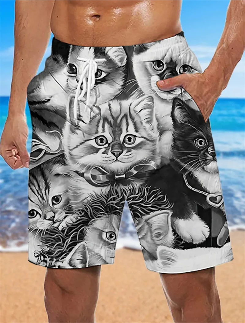 Pantalones cortos de playa para hombre, bañador con estampado de gato 3D, holgado, informal, Unisex, venta al por mayor