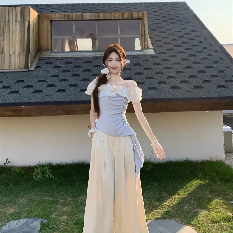 2026 New Irregular T-Shirt Summer Pure Desire Flower Word Shoulder Slim And Thin Pleated Top Women's Chic Pant Two-Piece Set