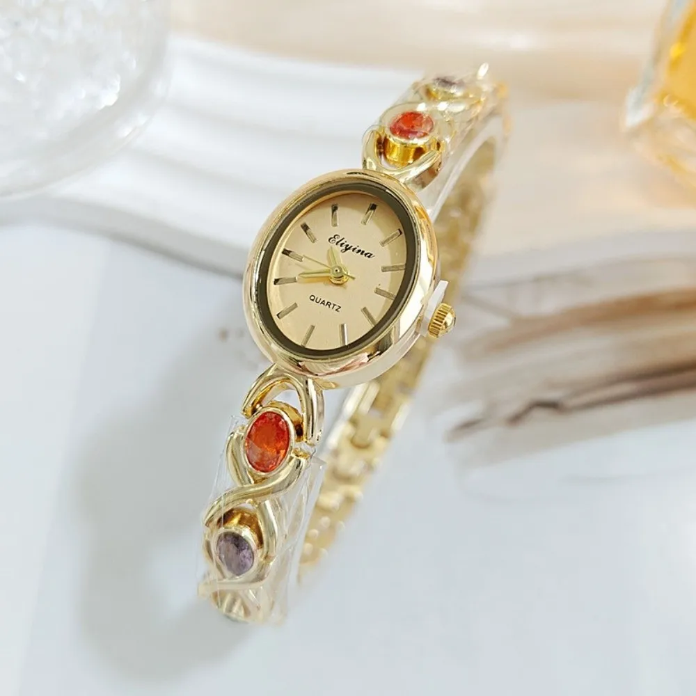 Simple Elegant Luxury Bangle Bracelet Exquisite Round Shape Bracelet Watches Color Gem Alloy Quartz Watch Fashion Accessory