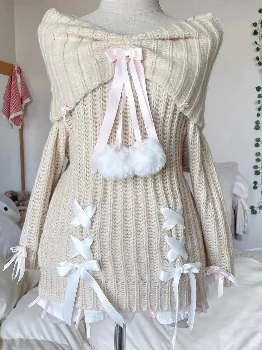 

Повседневный винтажный женский свитер с открытыми плечами, готический панк Y2k, уличная одежда 2000-х годов, Harajuku, зимний пуловер с бантом, модный милый пуловер Kawaii