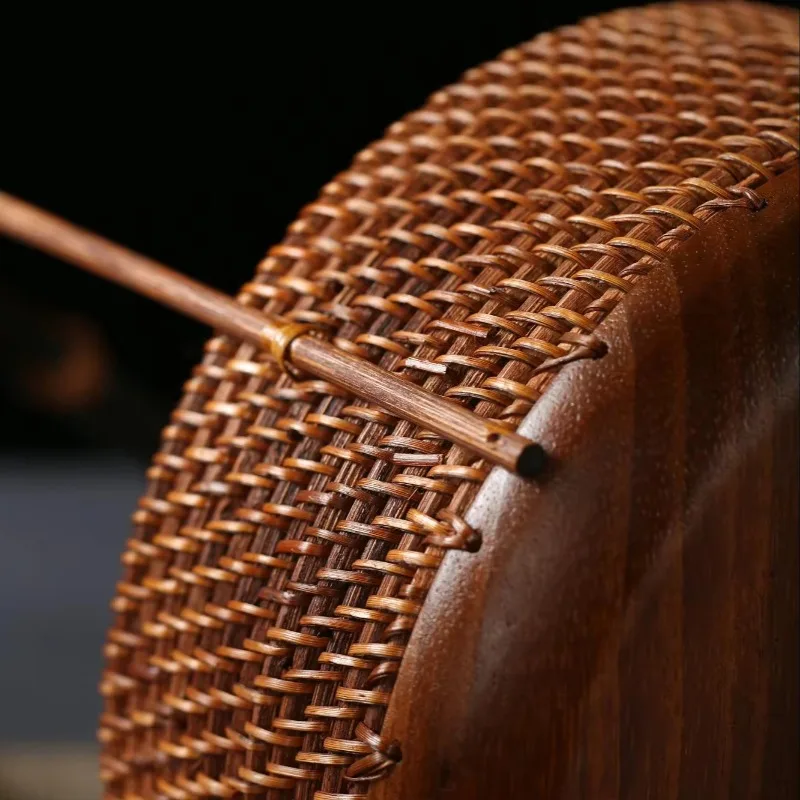 Handmade walnut rattan basket lacquered round storage box with lid and purple handle