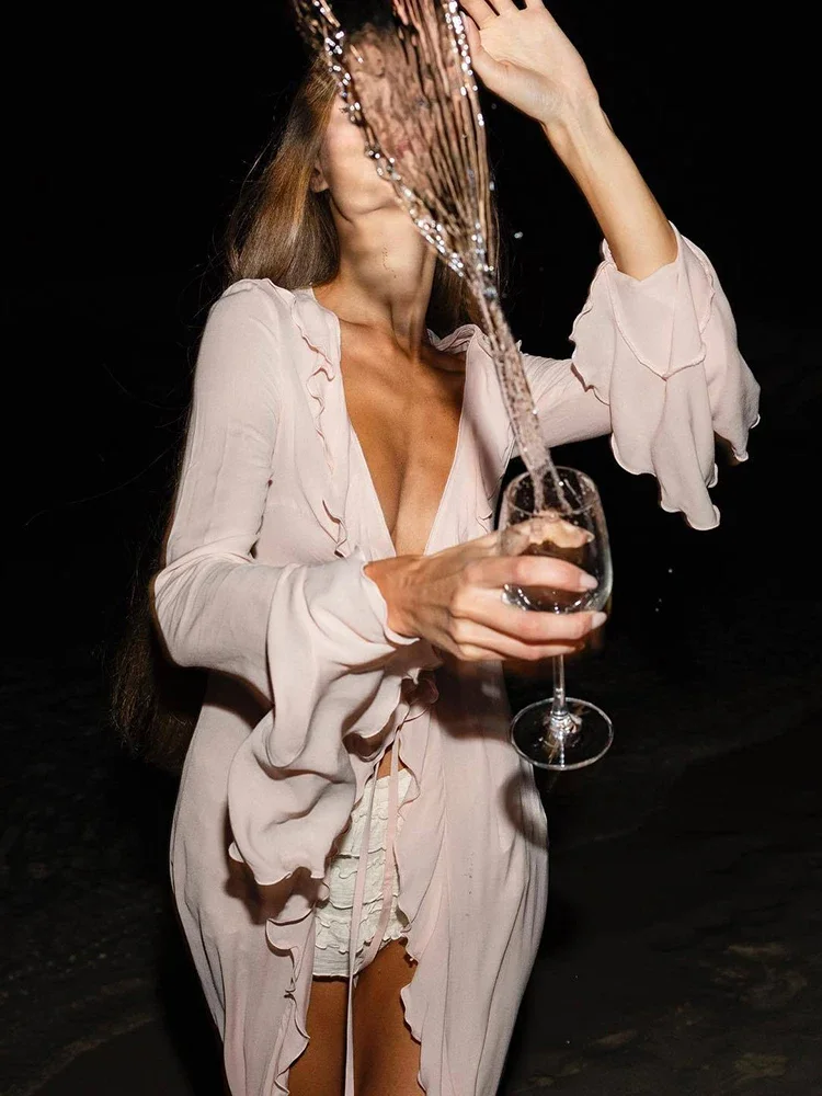 2025, neue Rüschen-Bikini-Vertuschungen für Damen, Strand-Vertuschung, elegante lange Ärmel, Schnürung, Sommer, solide Mode, weibliche Urlaubs-Beachwear