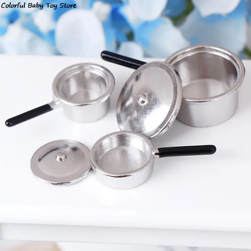 4Pcs/bag Doll House Miniature 1:12 Mini Metal pots and pans Mini Simulation Kitchen Decoration Miniature Silver Soup Pan