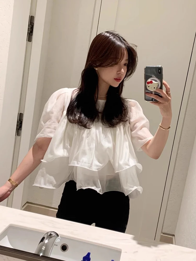 

Gagarich Design Double-layer Ruffle Edge Short Sleeved Shirt Women Summer New Style Niche Versatile Loose Pleated Blouse Top