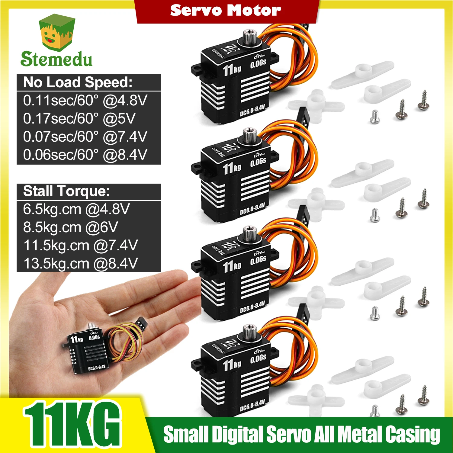 4 pz/lotto Digitale Micro Servo 11KG Alto Torque Piccolo Servomotore Coreless Ingranaggi In Metallo Involucro CNC per Auto RC, Robot, Modelli FAI DA TE
