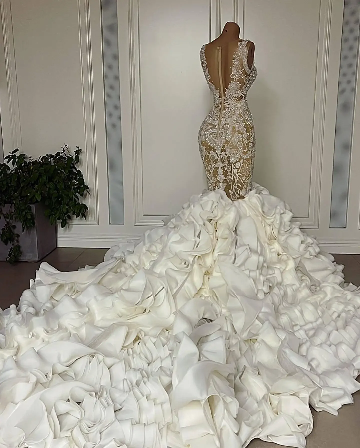 Customized Exquisite Mermaid Wedding Dress With Straps Pearls Crystals And Ruffled Train Custom Made Bridal Gown