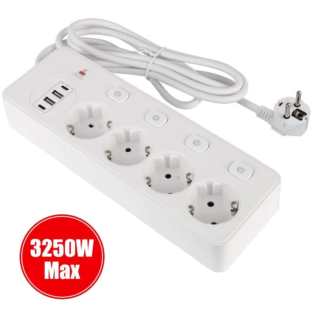 Electrical Extension Socket EU Plug Independent Switch 4 Way Outlets 2-USB 2-Type C Overload Protection Power Strip 2m Cord