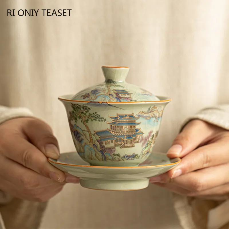 

Chinese Ru Kiln Ceramic Gaiwan Teapot Handmade Landscape Tea Tureen Household Tea Bowl Kettle Travel Portable Teaware Tea Set