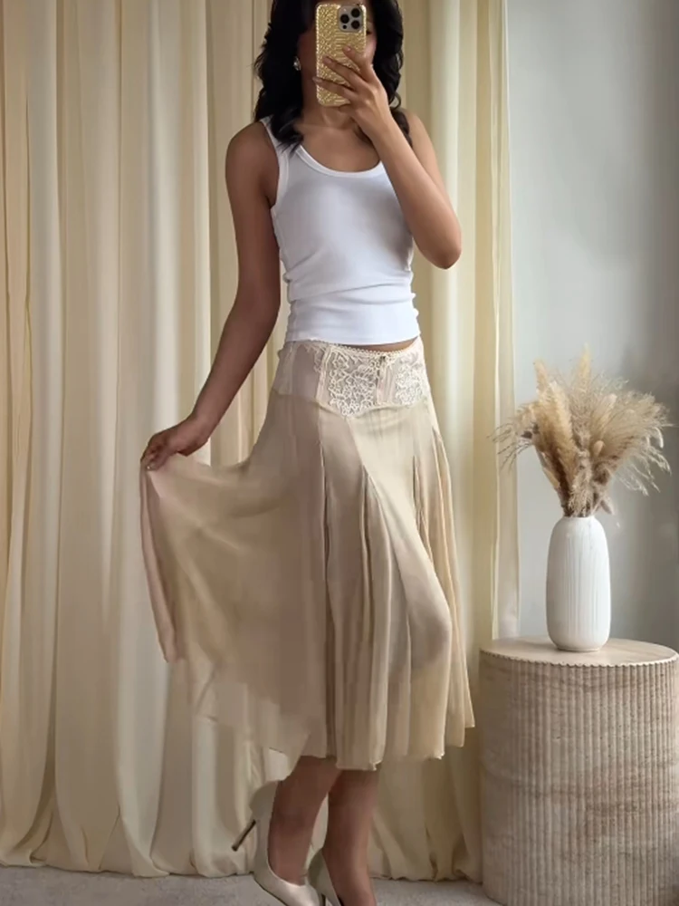 

2026 Spring Summer Solid Sheer Chiffon Skirt Lace Slim Waist Pleated A-line Applique Midi Skirts Elegant Fashion Women Outfits