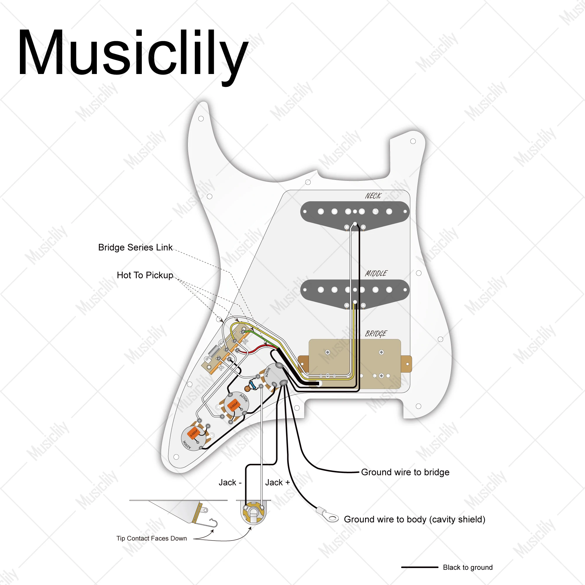 Musiclily Pro Auto-Split Pre-wired Wiring Harness Upgrade for American Style ST HSS with 5-Way Switch and 3A Pots, Nickel Jack