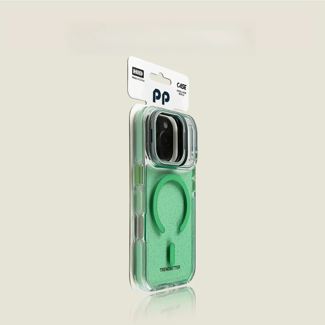 

Minimal Matcha Green Glitter Acrylic Back Cover with Foldable Camera Support – Compatible with iPhone Pro Max Models