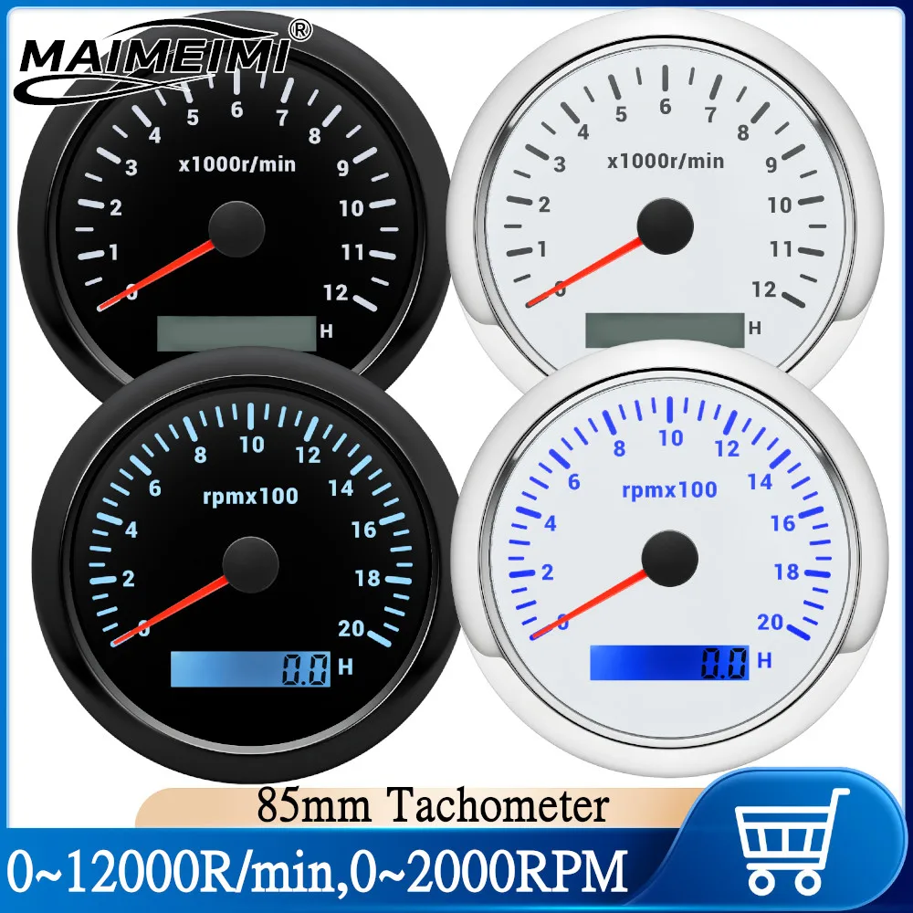 85mm Tachometer 0~12000R/min,0~2000RPM Hourmeter with 7 Color LED /Red Backlit Waterproof Pointer Tacho Gauge for Car Boat Yacht