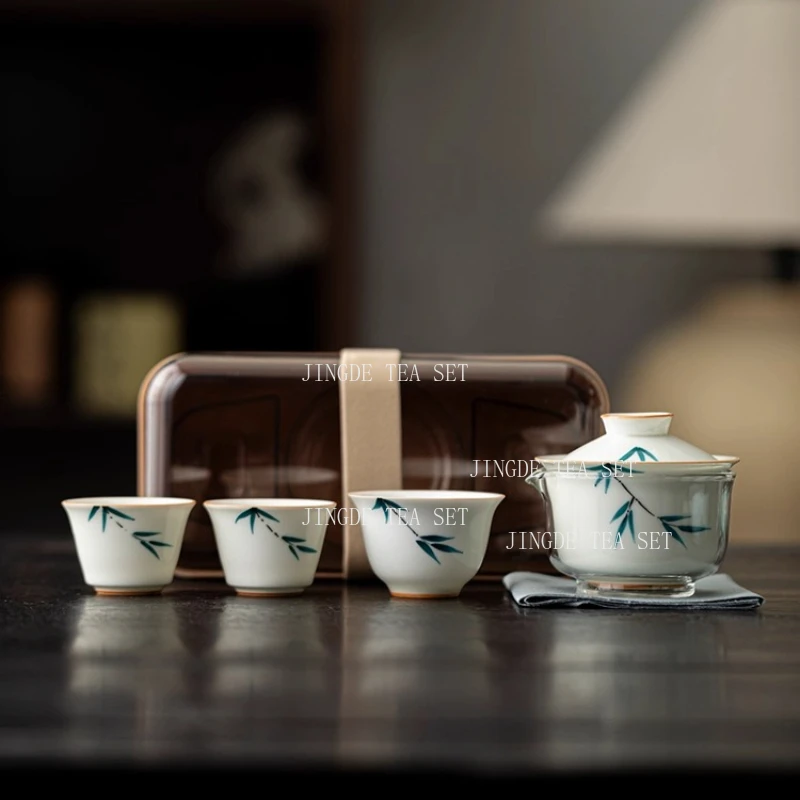 

Portable Ceramic Tea Pot and Cup Set Boutique Tea Set Chinese Handmade Travel Teaware Gaiwan Custom Drinkware A Pot and A Cup