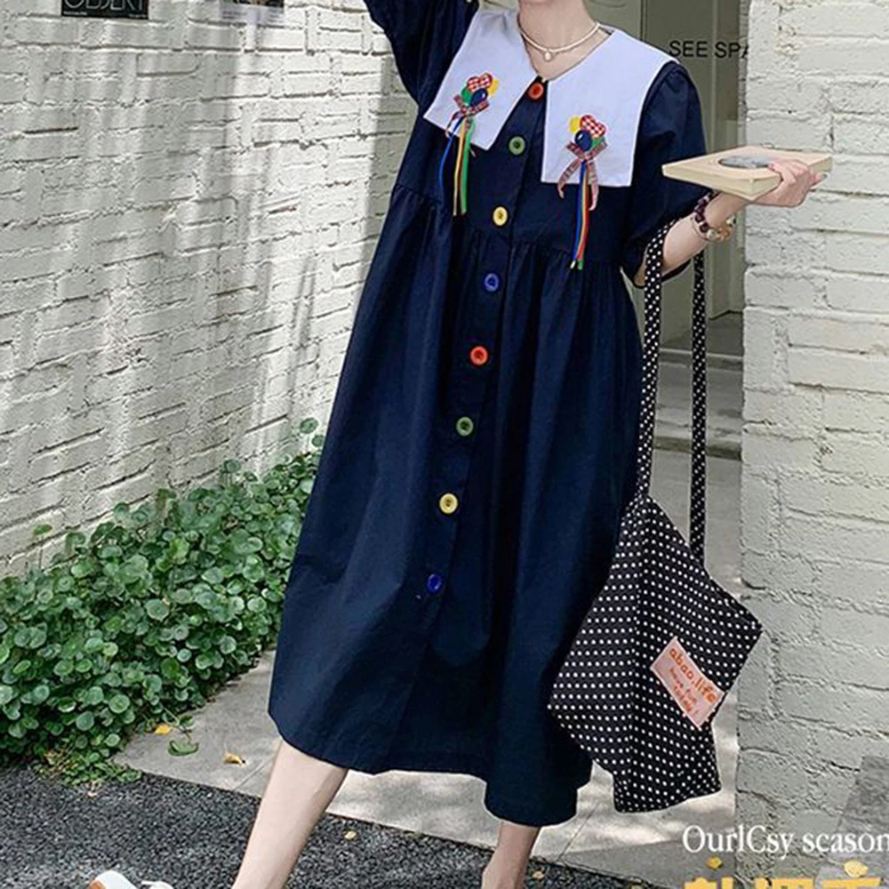 

Design navy blue navy doll collar large size dress women's summer college style Tibetan meat doll dress tide