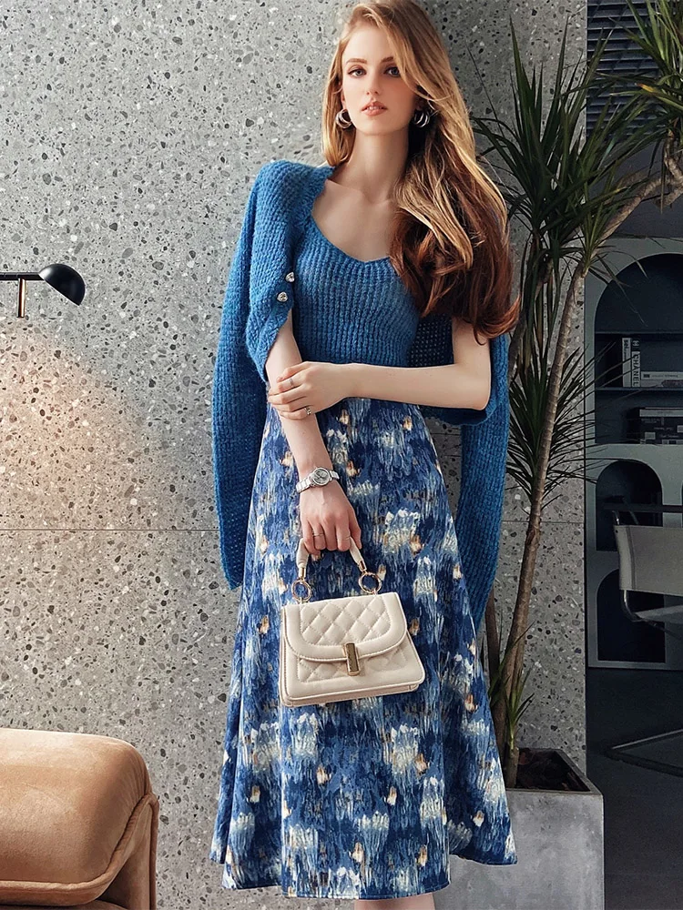 Dabuwawa Spring Autumn Female Trend Vintage Print High Waist A-Line Chiffon Long Skirt Women Bottoms 2023 DF1CSK010