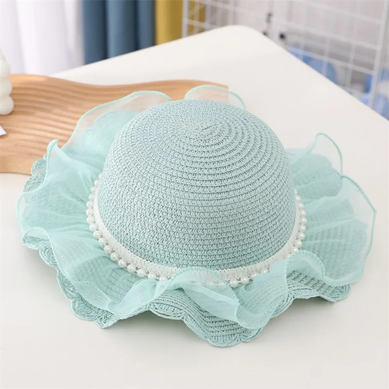 1 Piece of Clothing Children Fashion Cute Lace Pearl Decoration Foreign Style Princess Summer Sun Sunscreen Fisherman Hat