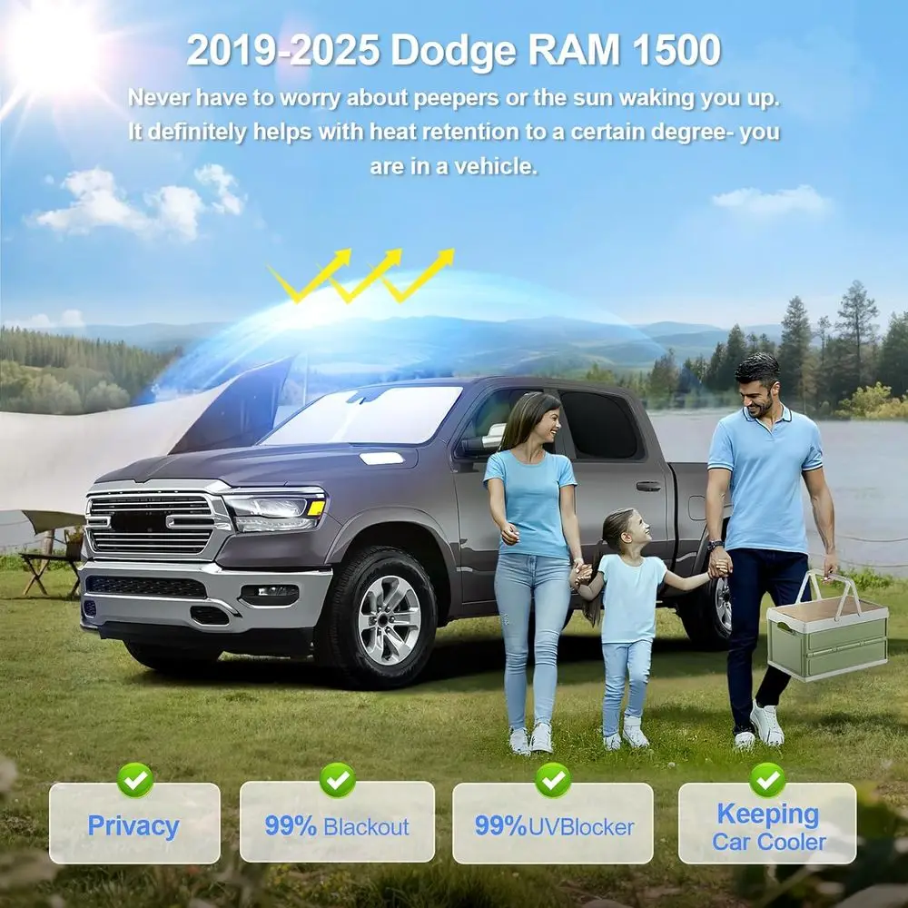 Dodge RAM 1500 2019-2025 مظلات نافذة السيارة بالحجم الكامل، حماية من الأشعة فوق البنفسجية، الخصوصية، مثالية للتخييم وفي الهواء الطلق