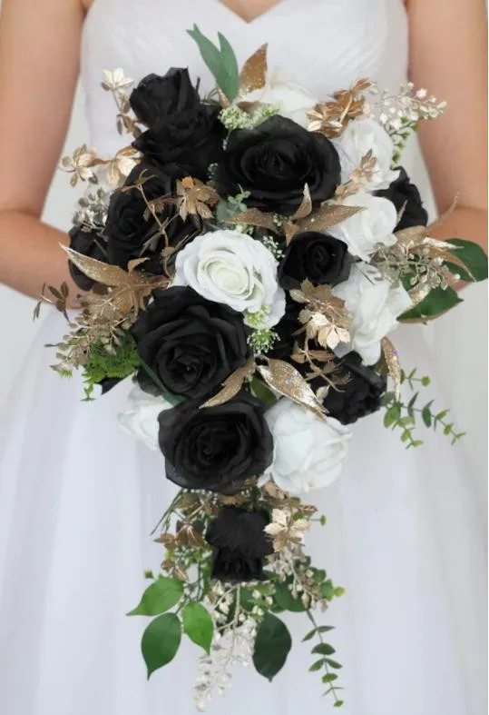 

EillyRosia Black and White Gothic Wedding Bouquet for Bride Gold Leaves Waterfall Bride Holding Flowers Fake ramos de novia