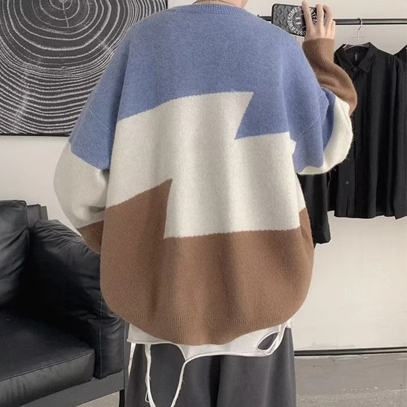 Spring Autumn Spliced Hit Color Long Sleeve Men O Neck Sweaters Fashion Loose All-match Oversized Knitted Clothing Black Orange