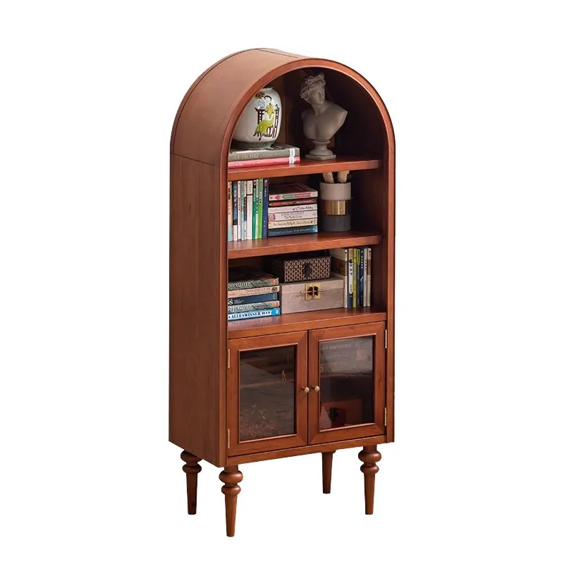 French retro solid wood arched bookcase medieval glass door display cabinet living room floor storage cabinet