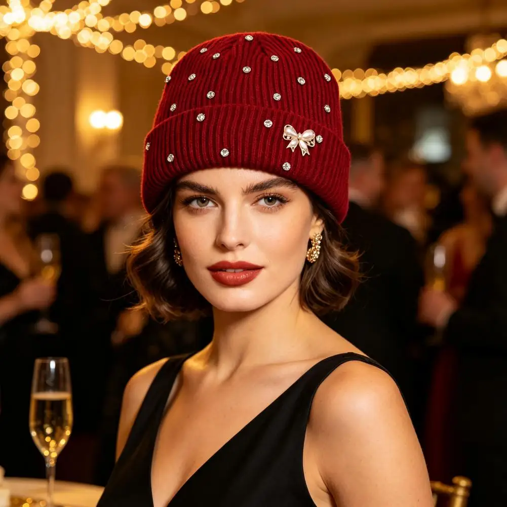 Luxury Style Knitted Cap Winter Knitted Hat with Rhinestone Bow Faux Pearl Cuffed Skull Cap Warm Ribbed for Women Men for Women