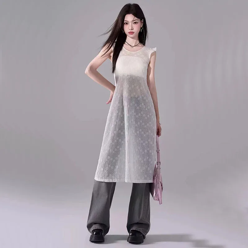 Sexy Hollow Out Lace Dress Women Korean Chic Lace-Up Sleeveless Midi Dress Y2K Summer Fashion Elegant All-Match Party Dresses