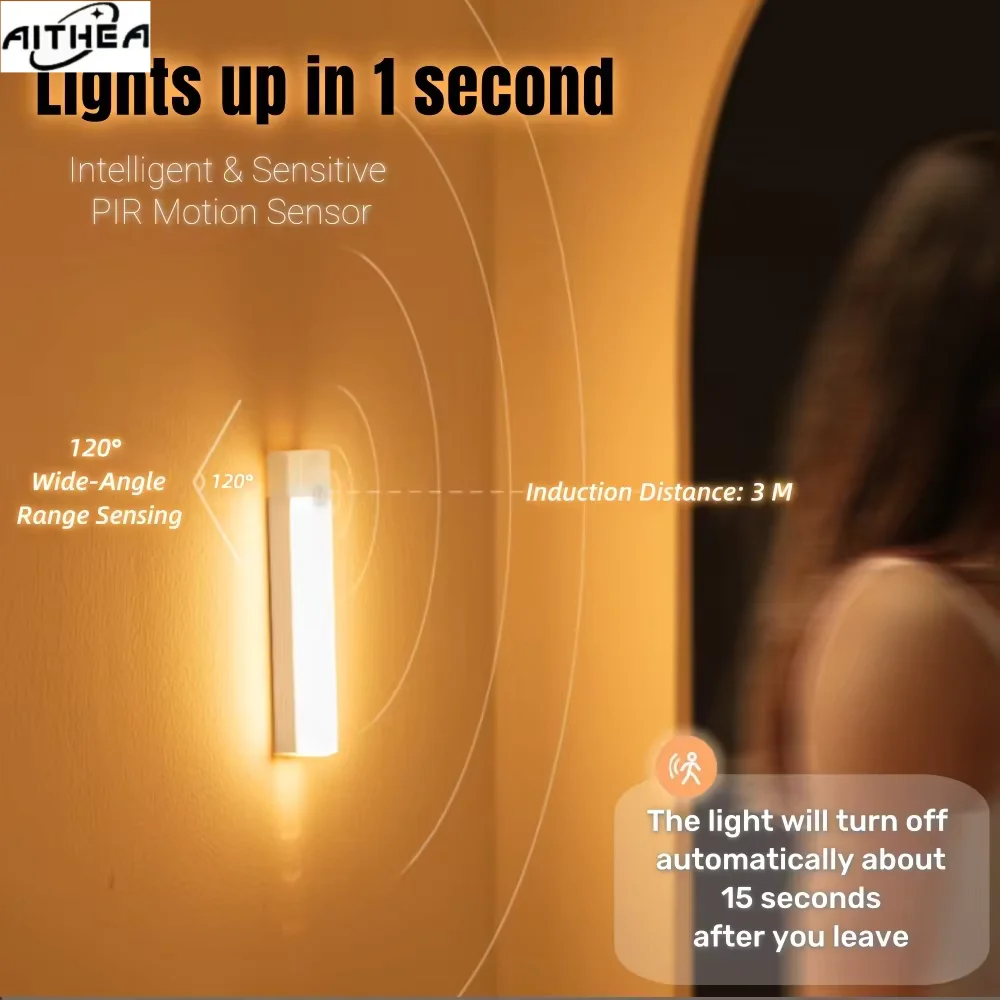 AITHEA Rechargeable Motion Sensor LED Bar Light Induction Night Light Portable Lamp for Cabinet Bedside Bathroom Mirror Light