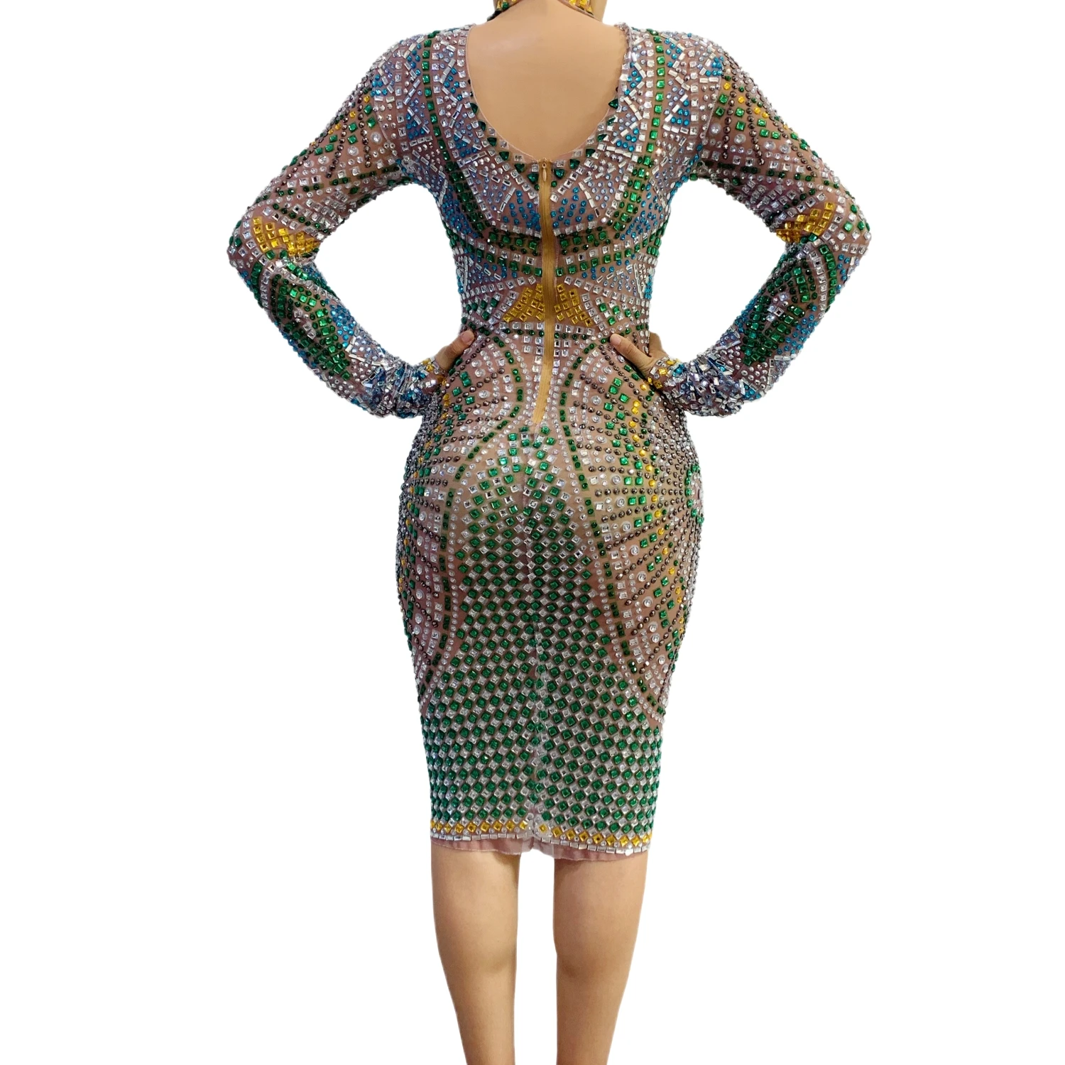 

Lvcao Womens Colorful Rhinestone Sheer Mesh Bodycon Midi Dress Long Sleeve High Neck Crystal Embellished Party Club Dress