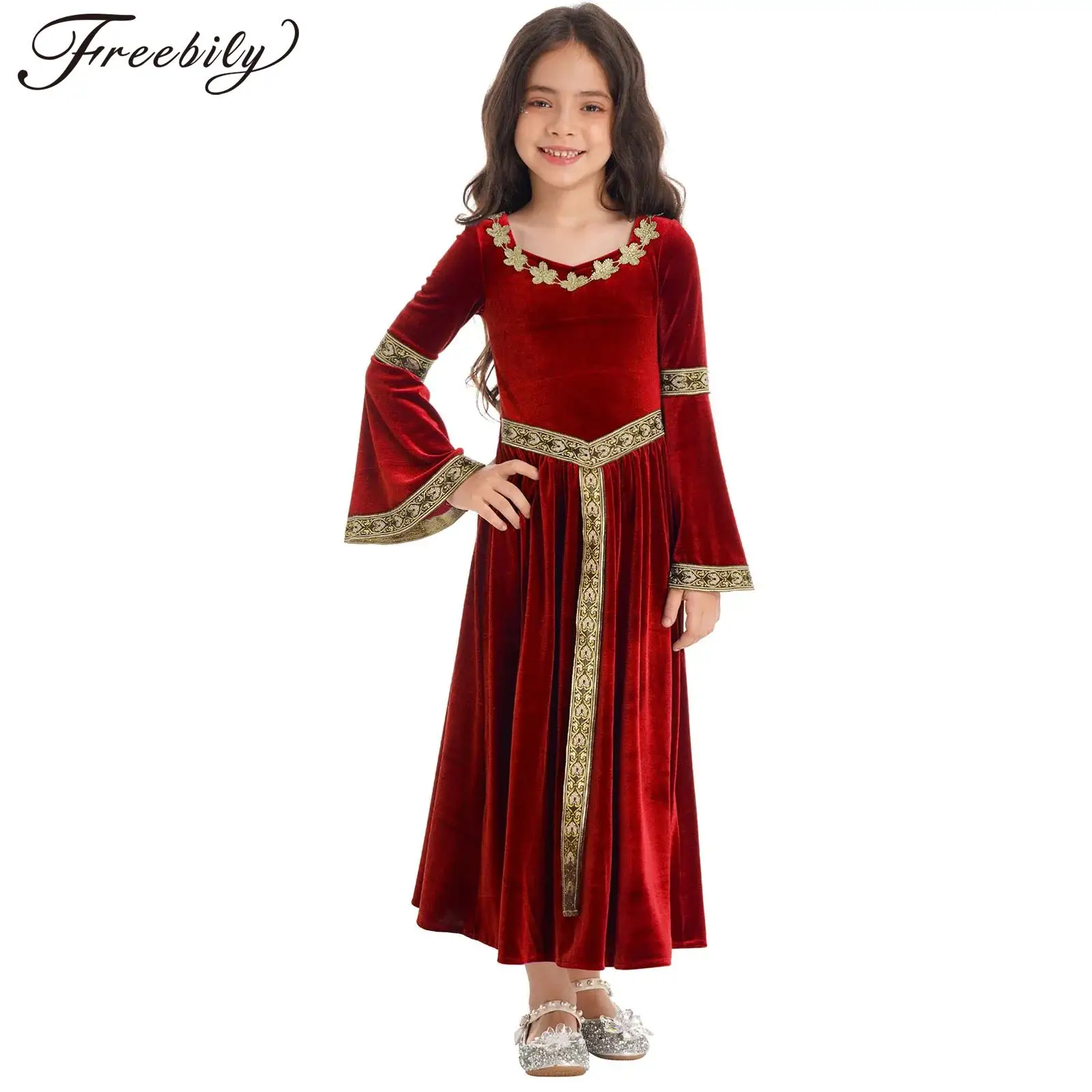 

Kids Girls Medieval Princess Dress Long Sleeve Retro Renaissance Dress Halloween Carnival Cosplay Costume Gothic Vintage Dress