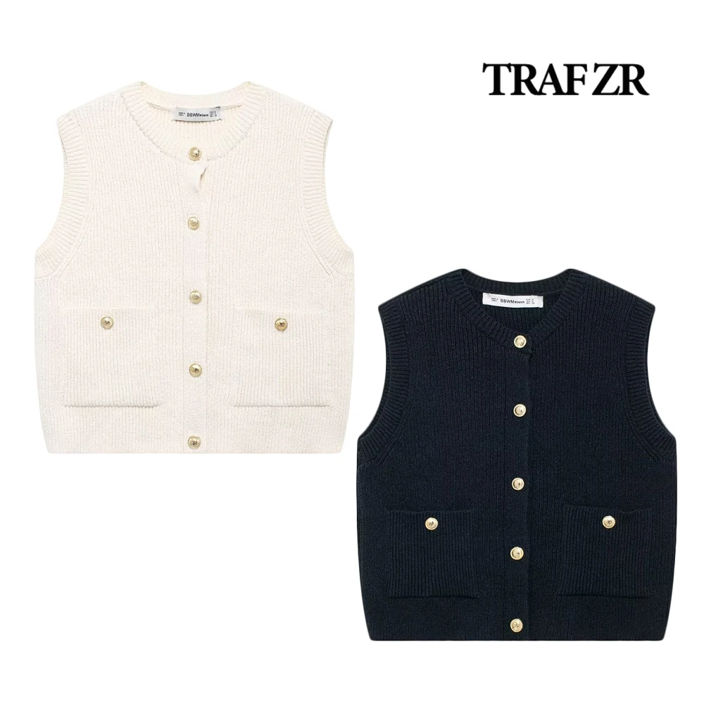 

TRAF ZR Elegant Chic Sleeveless Cardigans Embossed Gold Buttons Vest Top O-neck Knit Tank Top Front Patch Pockets Vests Women