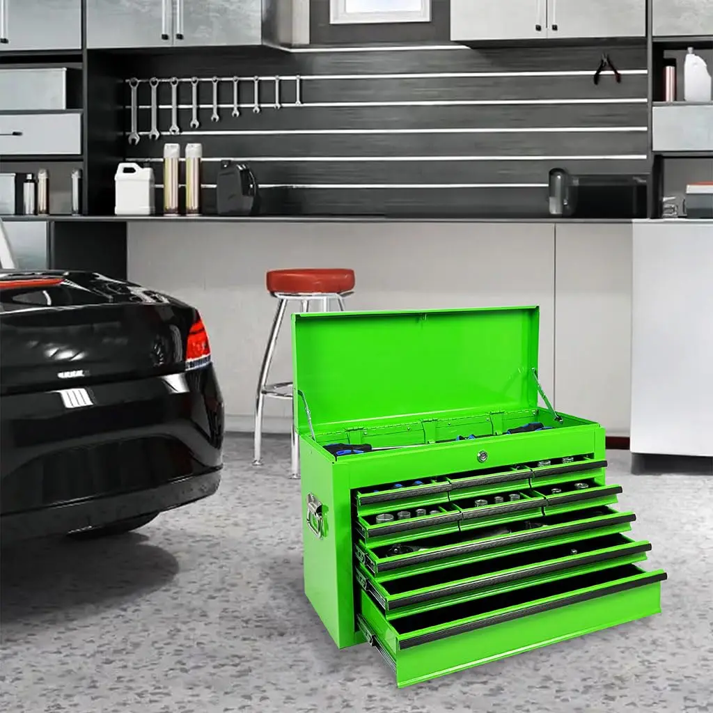 24 Inch Portable Metal Tool Box with 9 Ders, Steel Tool Chest Organizer with Auto Lock, Ball Bearing Slides & EVA