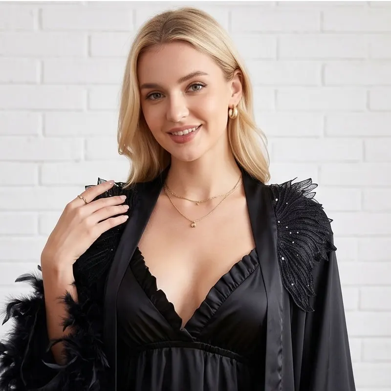 

Angel Wings Collar Black Short Robe for Womens with Detachable Feather Cuffs Soft Style Casual Sleepwear Bridal Boudoir Lingerie