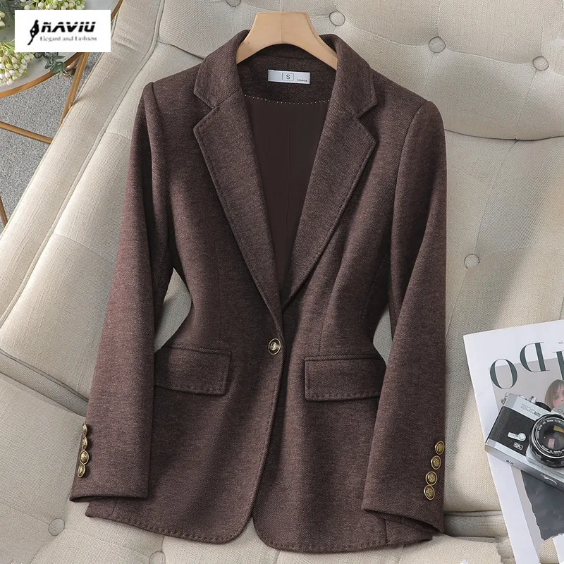 NAVIU Autumn Winter High End Outwear Casual Blazer Women Lasies Jacket Coffee Gray Femal Slim Long Sleeve Single Beasted Coat