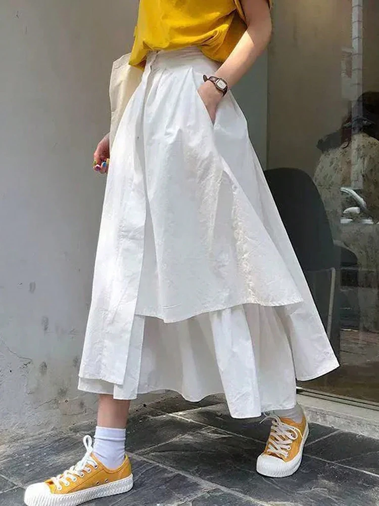 Moda irregular sólida a linha saias para mulheres preppy multicamadas saia longa com bolsos roupas femininas saias femininas