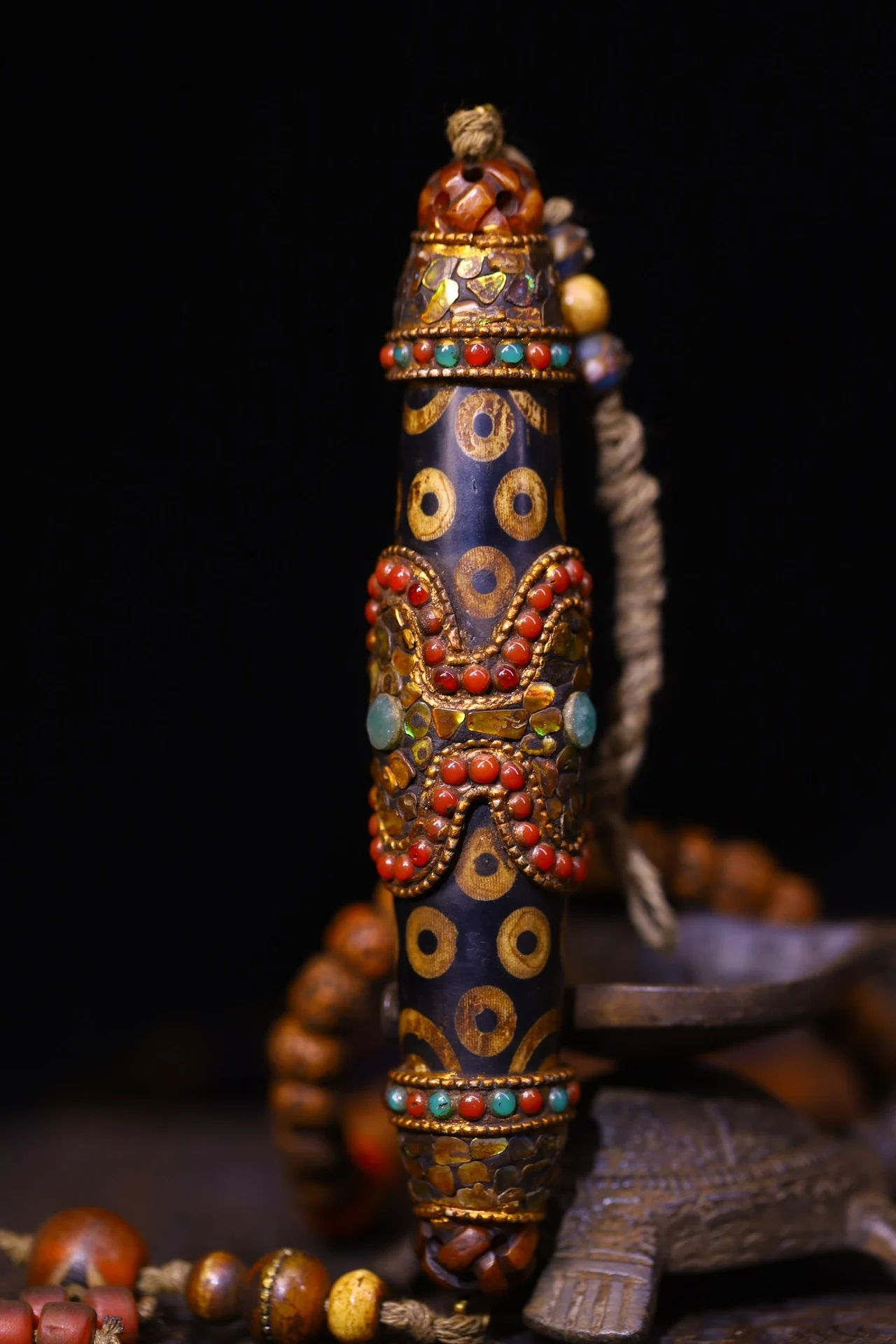 

5"Tibetan Temple Collection Old Natural Agate Mosaic Gem Shell gZi Beads Nine Eyed Buddha Beads Amulet Pendant Dharma Town house