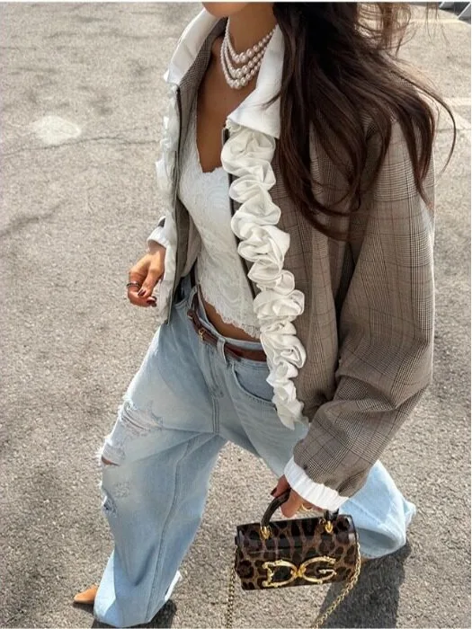 Korean Style Short Chic Vintage Plaid Color Block Flower Decorated Women's Jacket Autumn Design Sensation Coat Top