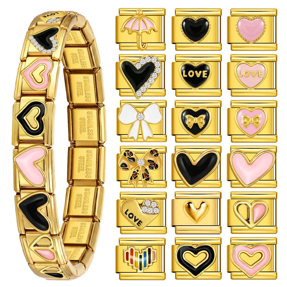 1 Stück Trendiges Goldfarbenes Rosa Herz-Schleifen-Regenschirm Italienisches Charm-Armband 9mm Edelstahl DIY Paar-Schmuckherstellung – Detail 1