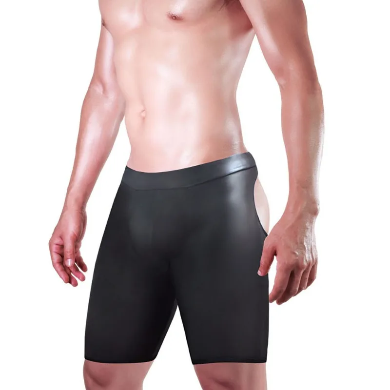 Mens Faux Leather Wetlook Open Butt Shorts Stretchy Night Lingerie Underwear Panties Club Wear Gay Roleplay Sleepwear Pajama