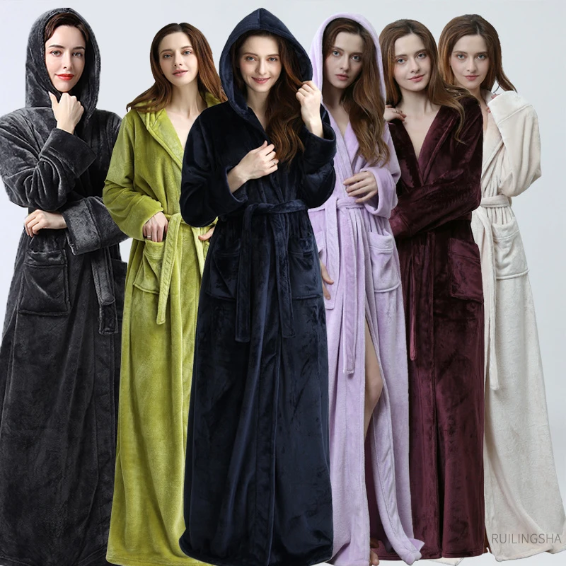 

Women Men Winter Plus Size Flannel Bathrobe Extra Long Hooded Warm Lovers Thick Kimono Bath Robe Cozy Coral Fleece Dressing Gown