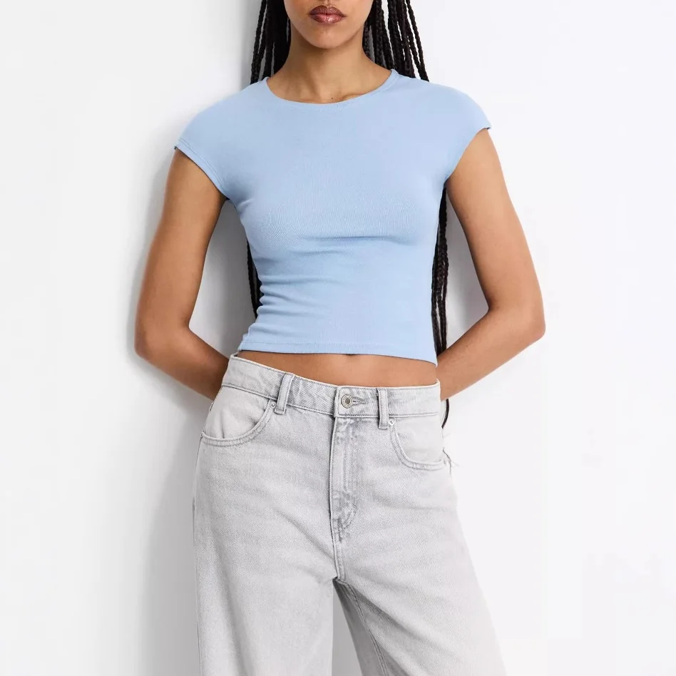 

Summer 2025 Women's aron Color irt Modern Slim Fit round Ne ort Sve Cotton T-irt oulder Width Matching Design