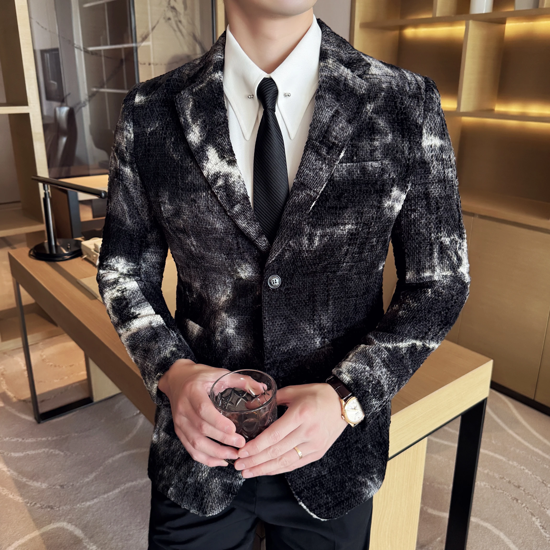 Hoge Kwaliteit Tie Dye Chenille Mannen Mode Casual Jasje Herfst Winter Nieuwe Koreaanse Slim Fit Sociale Trouwpak Blazer